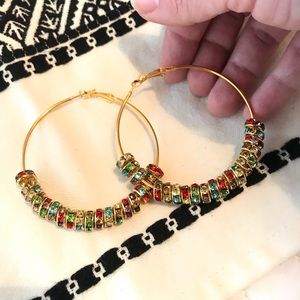 Gold Tone Party Hoop Earrings with Multi Colored Jewels Jewelry Hoops
